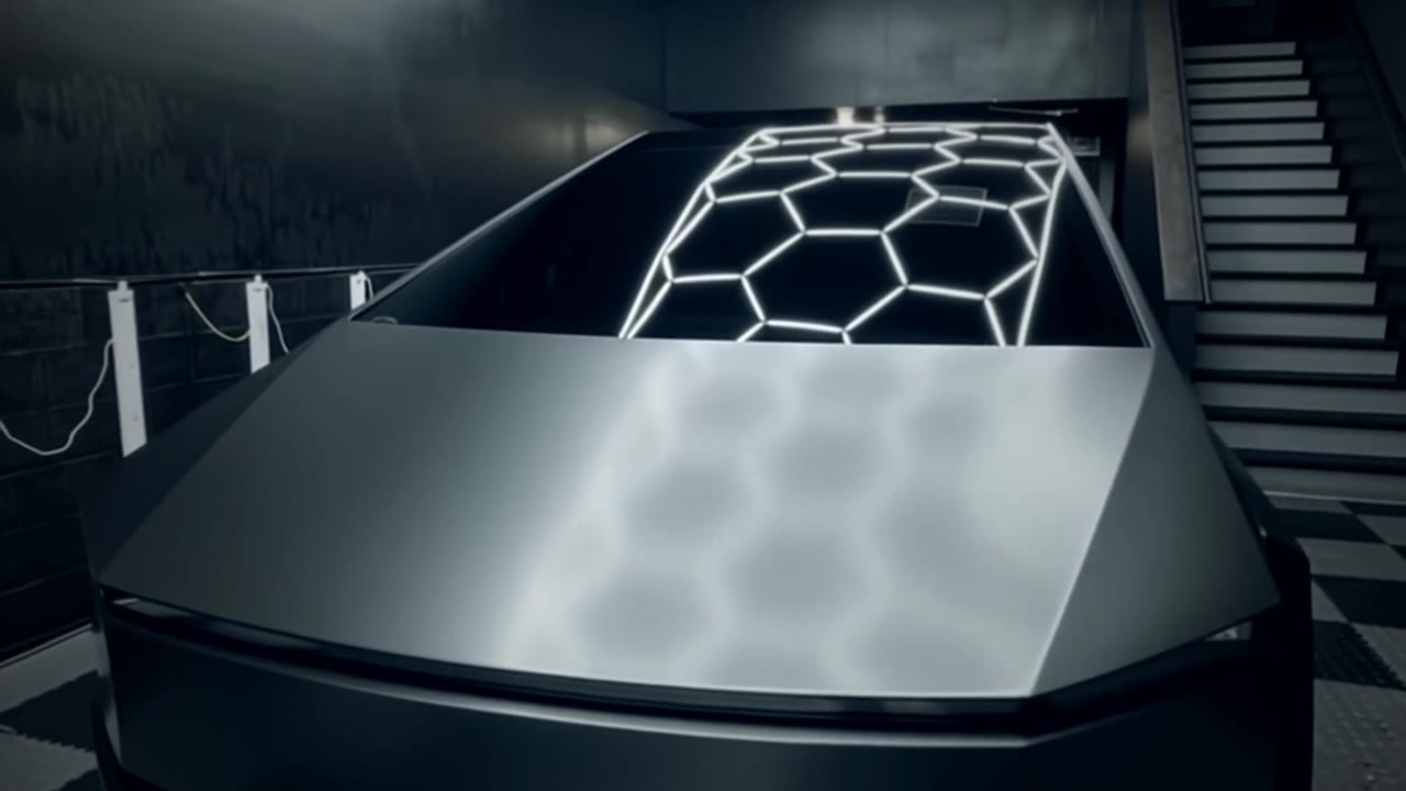 Close three-quarter view of a Tesla Cybertruck at Garage 7 in Philadelphia