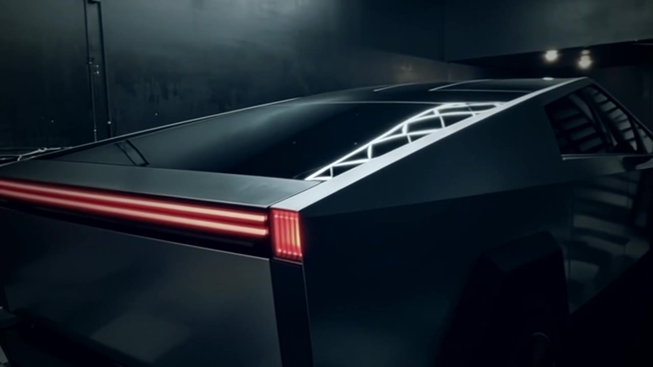 Reflection of hexagon studio lighting on a Tesla Cybertruck glass roof at Garage 7